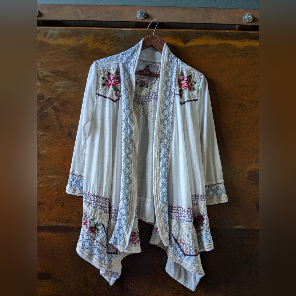Johnny Was White and Pink Embroidered Cardigan